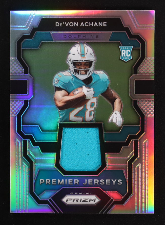 De'Von Achane 2023 Panini Prizm Premier Jerseys #10 RC at PristineAuction.com De'Von Achane 2023 Panini Prizm Premier Jerseys #10 RC at PristineAuction.com