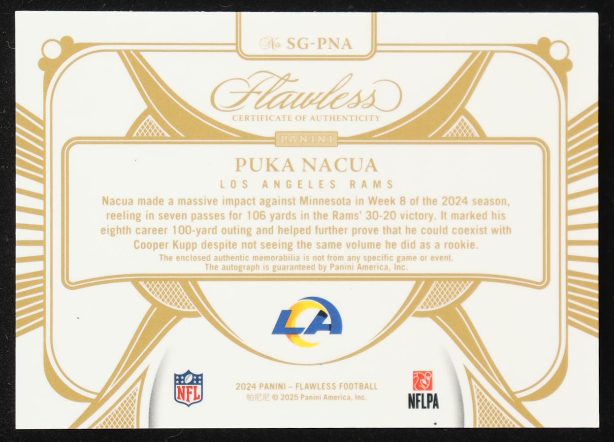 Puka Nacua 2024 Panini Flawless Signature Gloves #8 #7/25 at PristineAuction.com Puka Nacua 2024 Panini Flawless Signature Gloves #8 #7/25 at PristineAuction.com