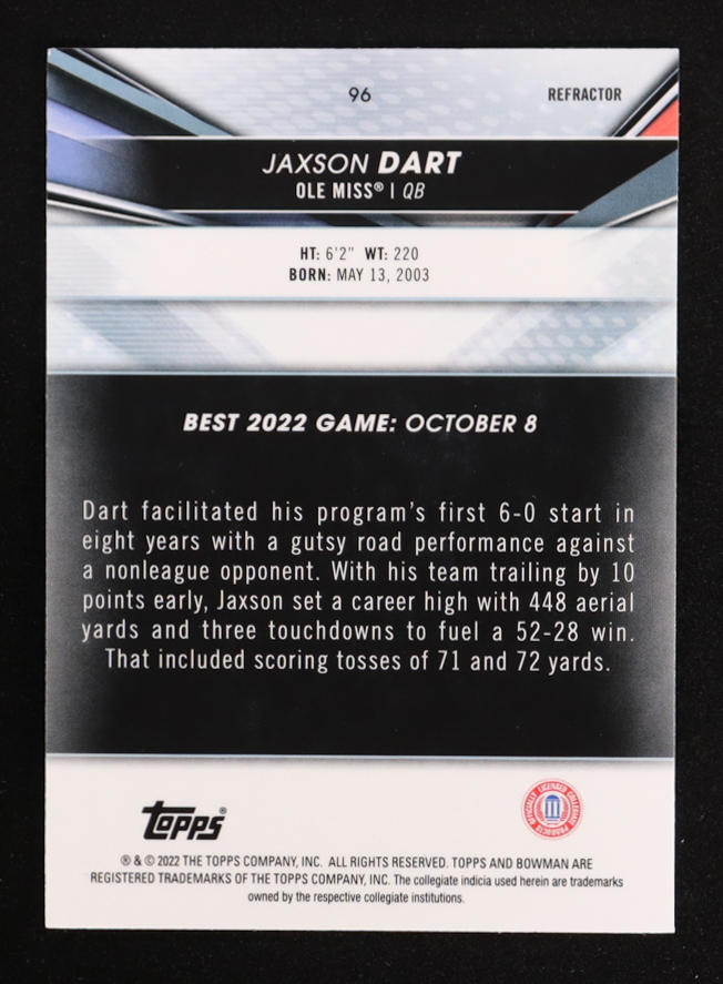 Jaxson Dart 2022 Bowman's Best University Refractors #96 RC at PristineAuction.com Jaxson Dart 2022 Bowman's Best University Refractors #96 RC at PristineAuction.com