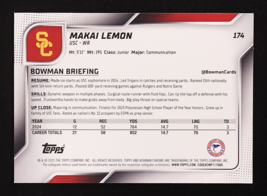 Makai Lemon 2025 Bowman Chrome University Fuchsia Refractors #174 #027/225 RC at PristineAuction.com Makai Lemon 2025 Bowman Chrome University Fuchsia Refractors #174 #027/225 RC at PristineAuction.com