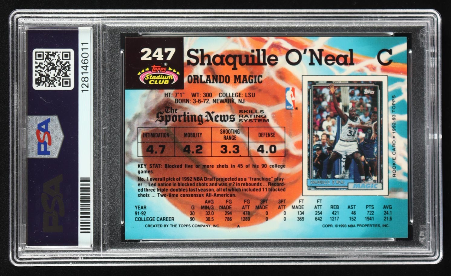 Shaquille O'Neal 1992 Topps Stadium Club #247 RC (PSA 9) at PristineAuction.com Shaquille O'Neal 1992 Topps Stadium Club #247 RC (PSA 9) at PristineAuction.com