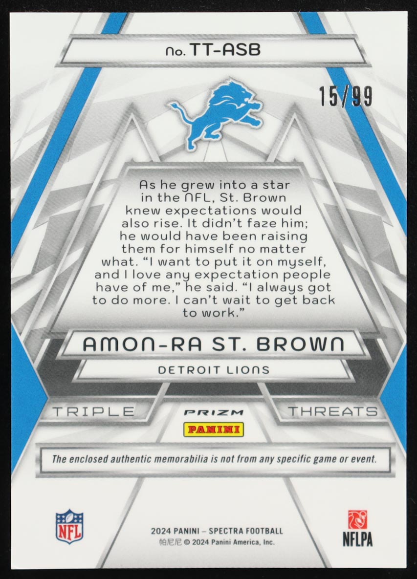 Amon-Ra St. Brown 2024 Panini Spectra Triple Threats Materials #15 #15/99 at PristineAuction.com Amon-Ra St. Brown 2024 Panini Spectra Triple Threats Materials #15 #15/99 at PristineAuction.com
