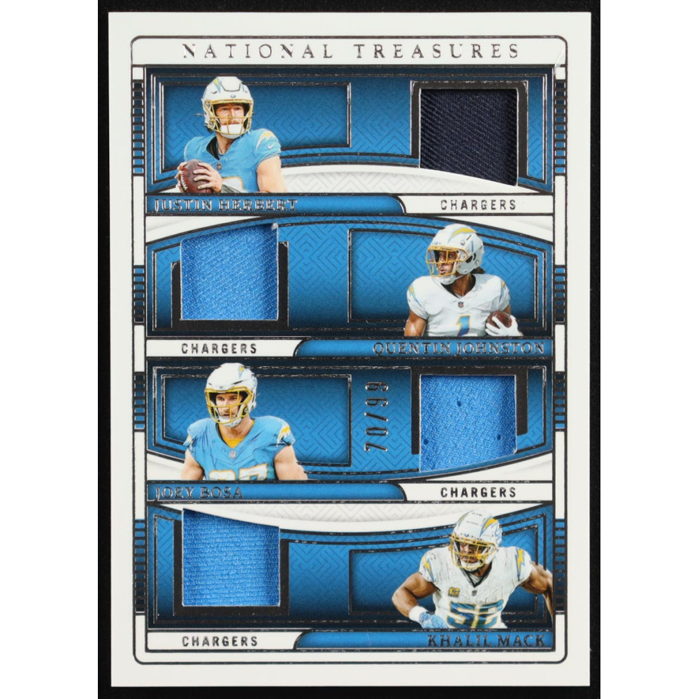 Justin Herbert / Joey Bosa / Quentin Johnson / Khalil Mack 2024 Panini National Treasures NFL Gear Quad Materials #10 #70/99 at PristineAuction.com