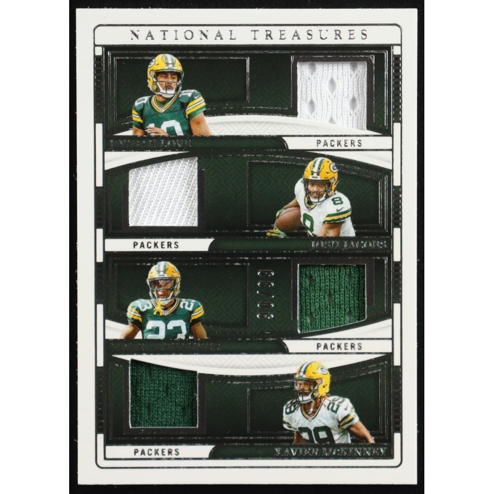 Jordan Love / Josh Jacobs / Jaire Alexander / Xavier McKinney 2024 Panini National Treasures NFL Gear Quad Materials #6 #98/99 at PristineAuction.com