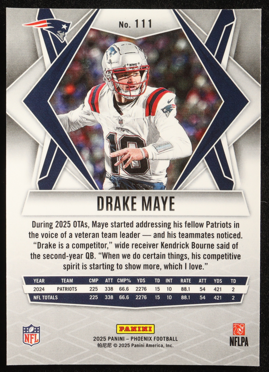 Drake Maye 2025 Panini Phoenix Silver #111 RC at PristineAuction.com Drake Maye 2025 Panini Phoenix Silver #111 RC at PristineAuction.com