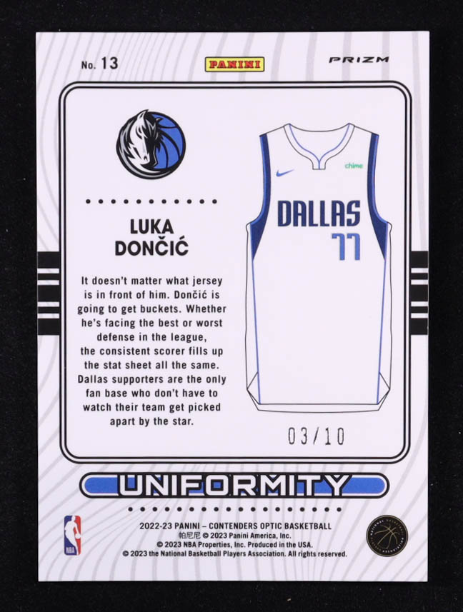 Luka Doncic 2022-23 Panini Contenders Optic Uniformity Gold #13 #03/10 at PristineAuction.com Luka Doncic 2022-23 Panini Contenders Optic Uniformity Gold #13 #03/10 at PristineAuction.com