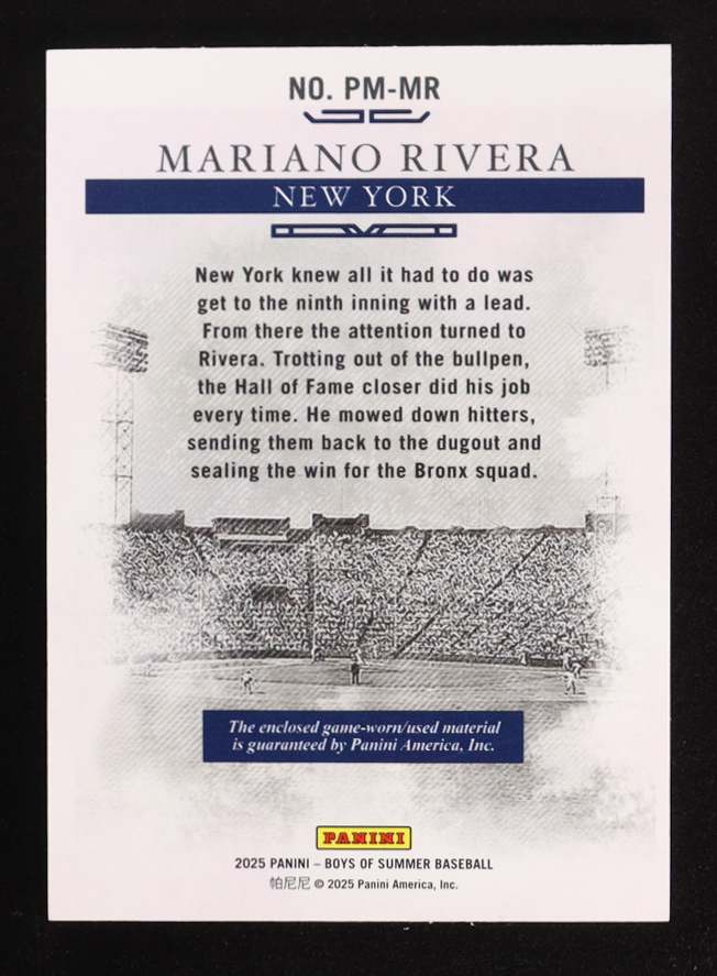 Mariano Rivera 2025 Panini Boys of Summer Pastime Materials #9 #52/99 at PristineAuction.com Mariano Rivera 2025 Panini Boys of Summer Pastime Materials #9 #52/99 at PristineAuction.com