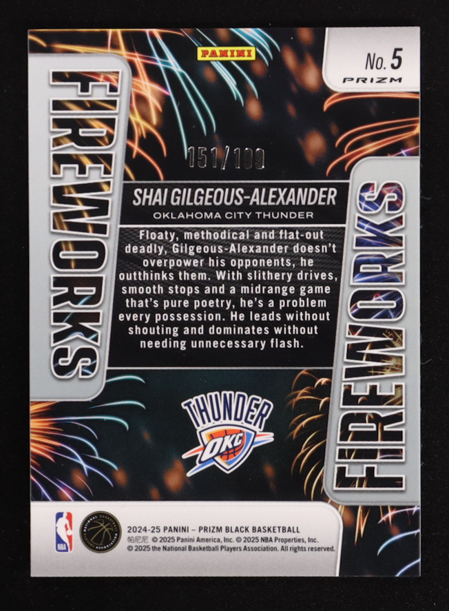 Shai Gilgeous-Alexander 2024-25 Panini Prizm Black Fireworks Prizms Blue #5 #151/199 at PristineAuction.com Shai Gilgeous-Alexander 2024-25 Panini Prizm Black Fireworks Prizms Blue #5 #151/199 at PristineAuction.com