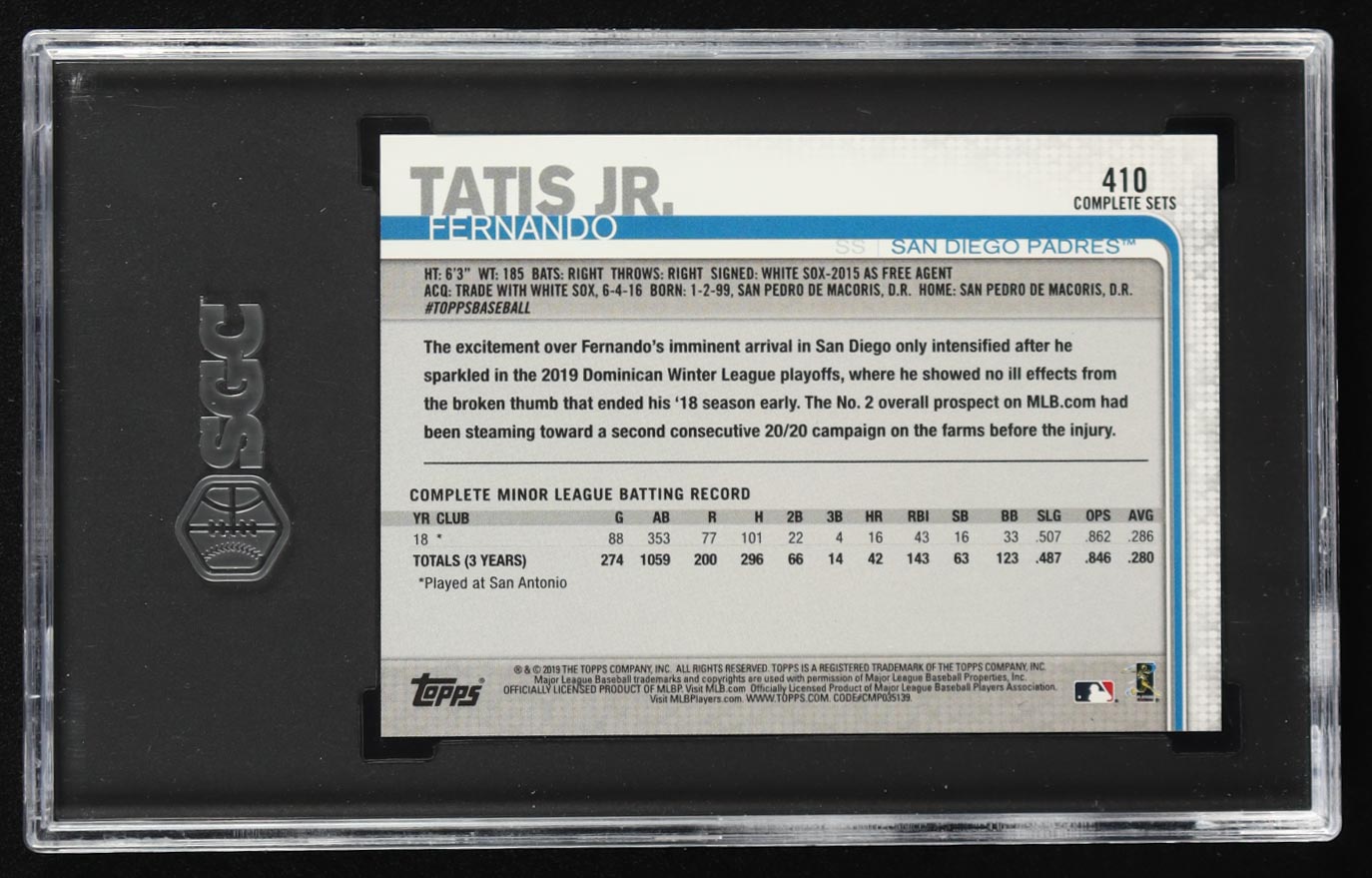 Fernando Tatis Jr. 2019 Topps Complete Set White Jersey #410 RC (SGC 10) at PristineAuction.com Fernando Tatis Jr. 2019 Topps Complete Set White Jersey #410 RC (SGC 10) at PristineAuction.com