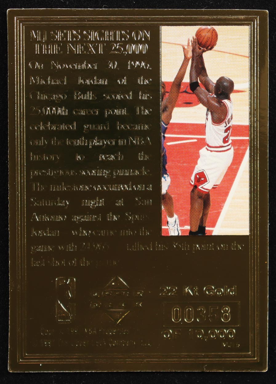 Michael Jordan 1996 Upper Deck 22KT Gold #NNO / 25,000 Career Points #358/10000 at PristineAuction.com Michael Jordan 1996 Upper Deck 22KT Gold #NNO / 25,000 Career Points #358/10000 at PristineAuction.com