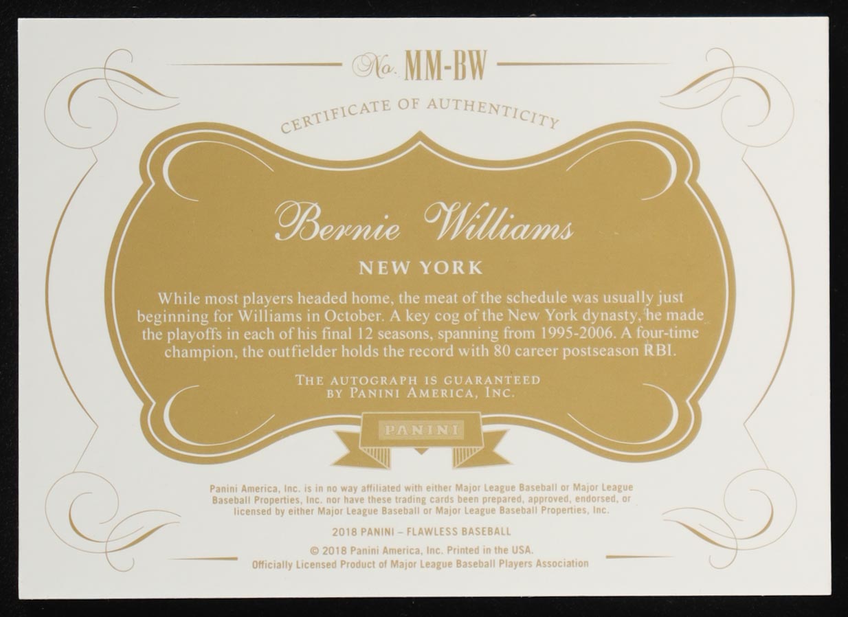 Bernie Williams 2018 Panini Flawless Memorable Marks Autographs #8 #10/15 at PristineAuction.com Bernie Williams 2018 Panini Flawless Memorable Marks Autographs #8 #10/15 at PristineAuction.com