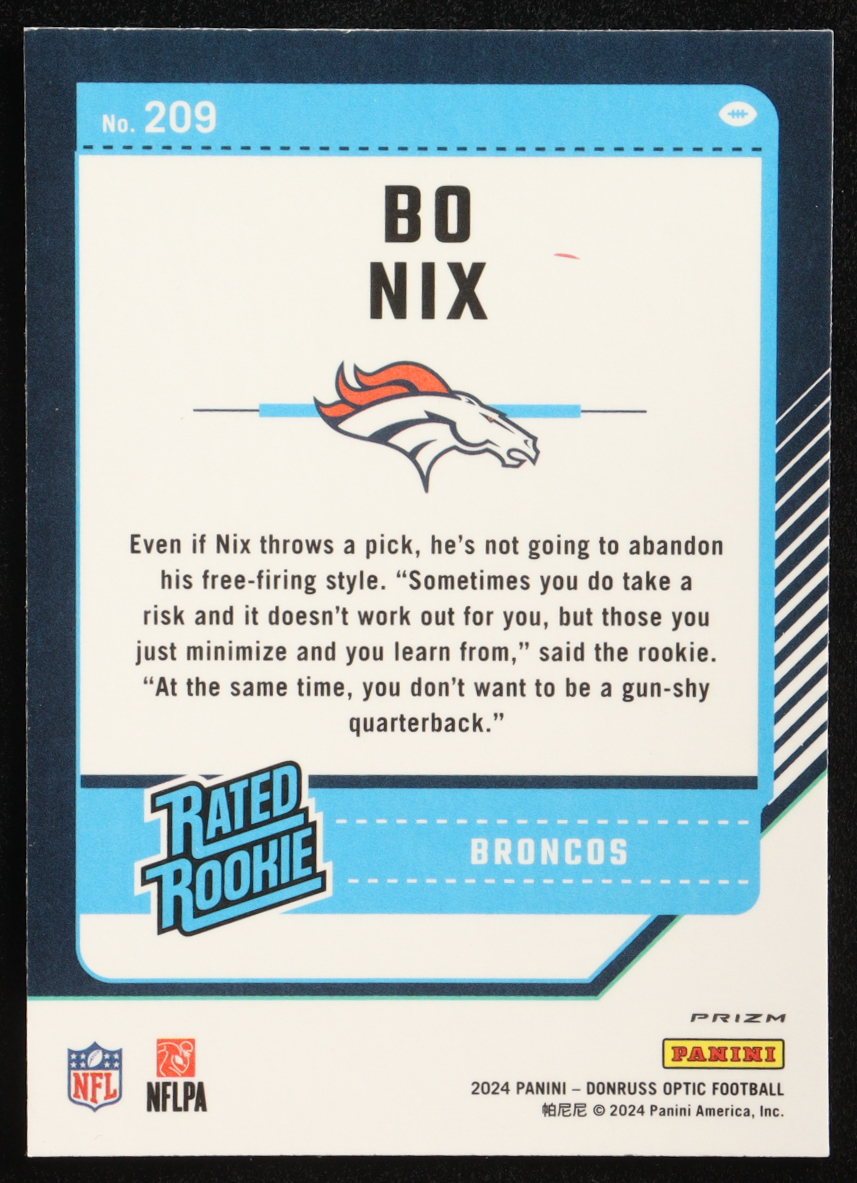 Bo Nix 2024 Donruss Optic Purple Shock #209 RR RC at PristineAuction.com Bo Nix 2024 Donruss Optic Purple Shock #209 RR RC at PristineAuction.com