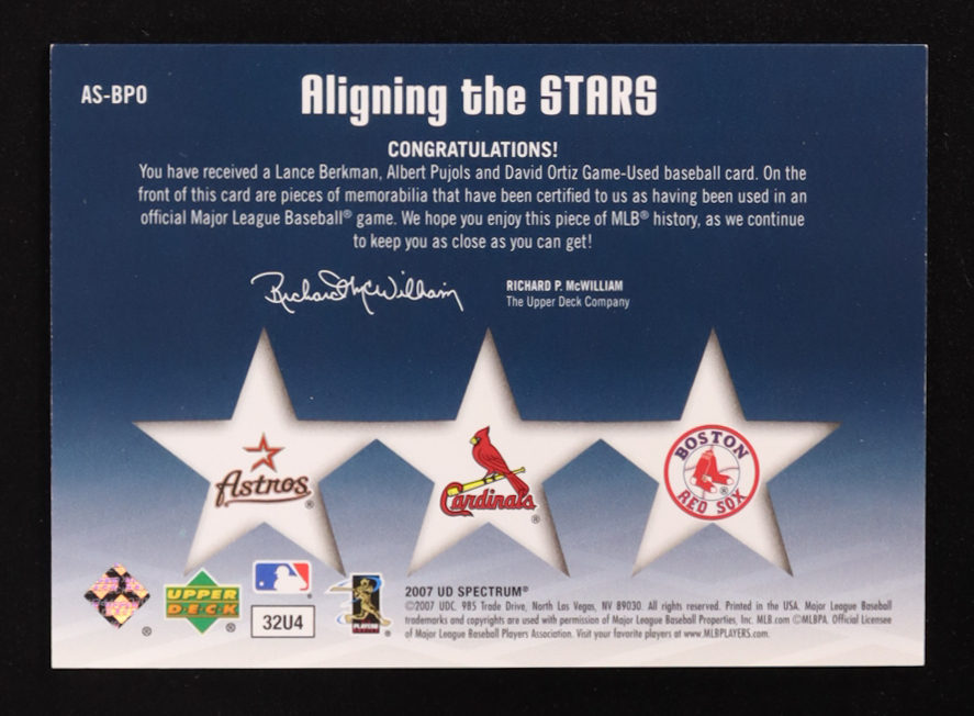 Lance Berkman / Albert Pujols / David Ortiz 2007 Upper Deck Spectrum Aligning the Stars #BPO #66/99 at PristineAuction.com Lance Berkman / Albert Pujols / David Ortiz 2007 Upper Deck Spectrum Aligning the Stars #BPO #66/99 at PristineAuction.com