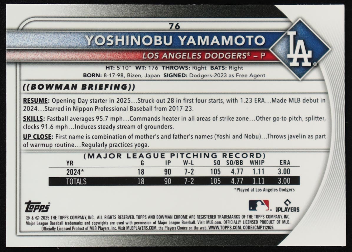 Yoshinobu Yamamoto 2025 Bowman Chrome Sapphire #76 at PristineAuction.com Yoshinobu Yamamoto 2025 Bowman Chrome Sapphire #76 at PristineAuction.com