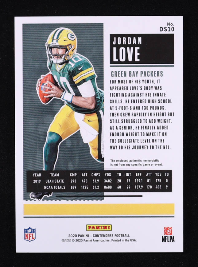 Jordan Love 2020 Panini Contenders Rookie Ticket Dual Swatches #10 RC at PristineAuction.com Jordan Love 2020 Panini Contenders Rookie Ticket Dual Swatches #10 RC at PristineAuction.com