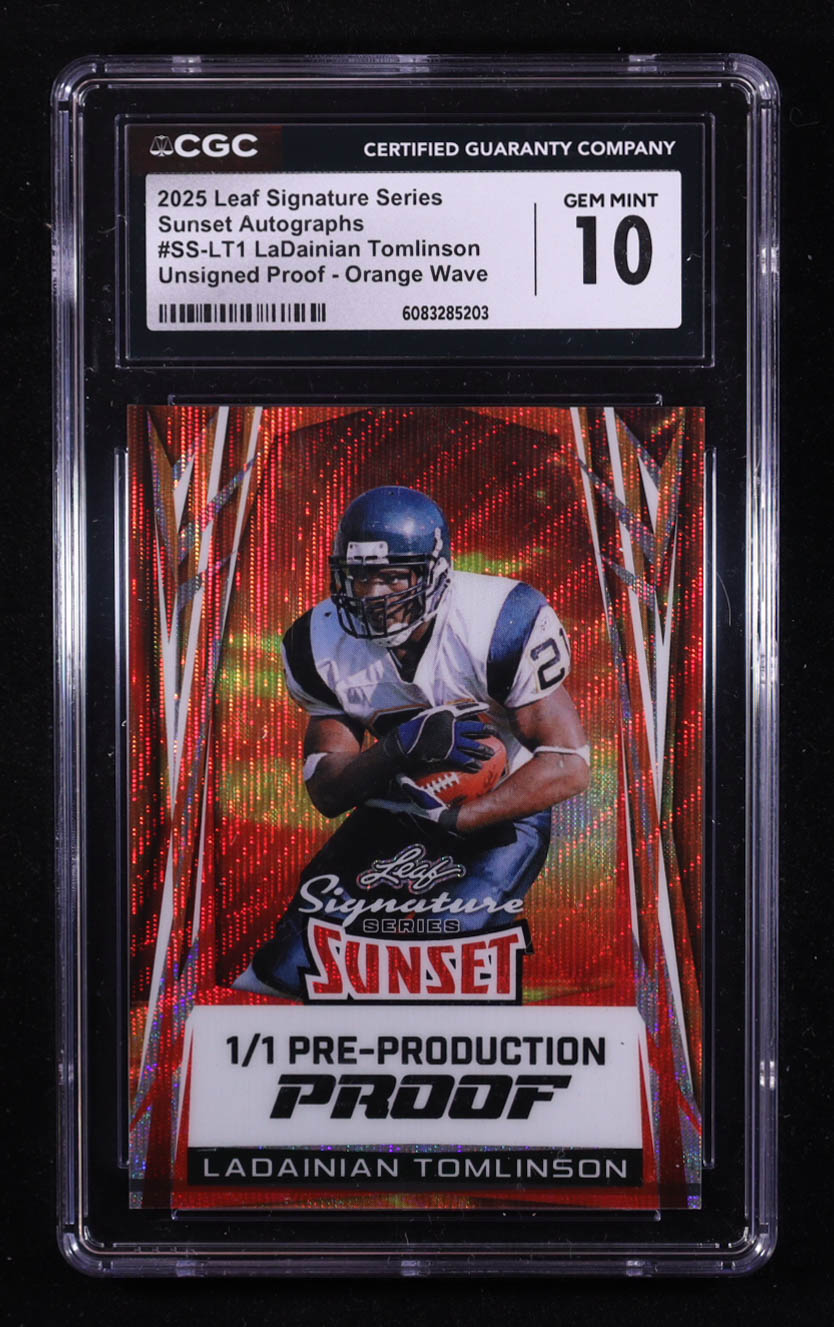 LaDainian Tomlinson 2025 Leaf Signature Series Sunset Pre-Production Proof Orange Wave Autographs #SS-LT1 #1/1 (CGC 10) at PristineAuction.com LaDainian Tomlinson 2025 Leaf Signature Series Sunset Pre-Production Proof Orange Wave Autographs #SS-LT1 #1/1 (CGC 10) at PristineAuction.com
