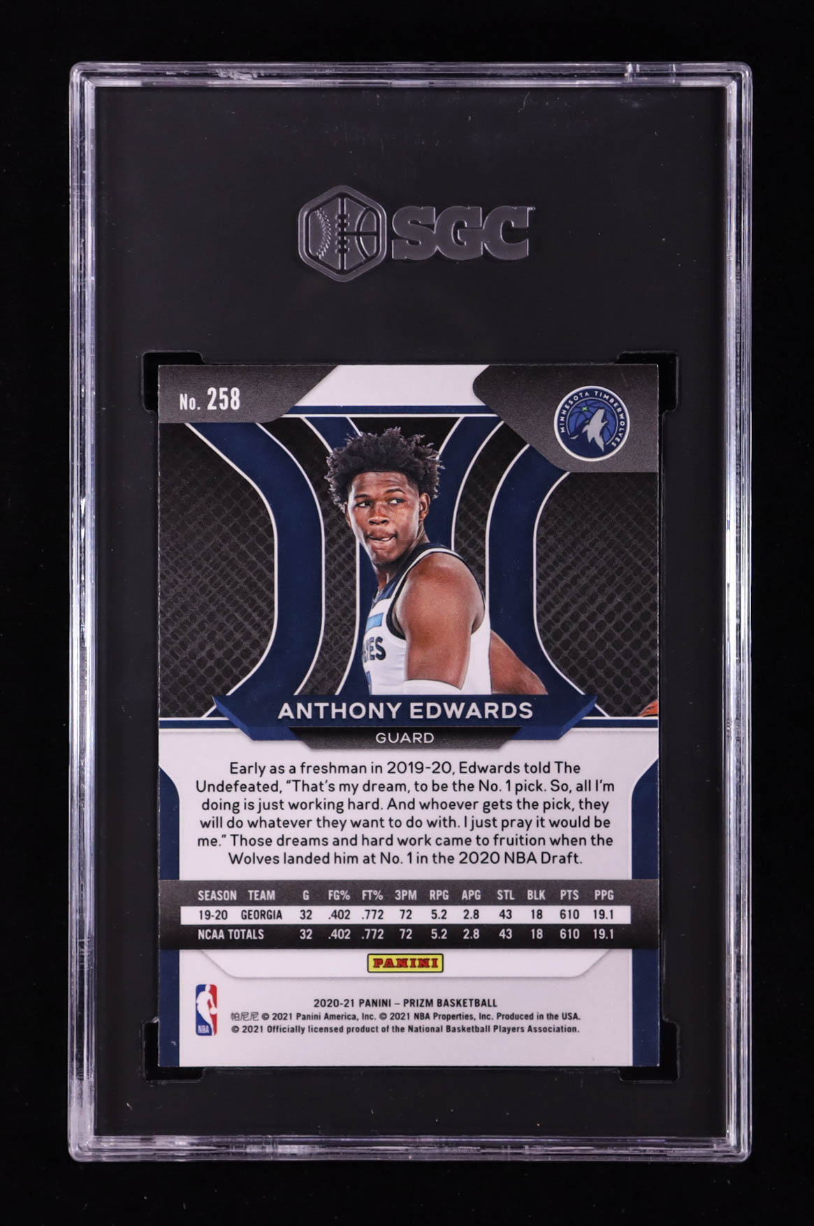Anthony Edwards 2020-21 Panini Prizm #258 RC (SGC 9) at PristineAuction.com Anthony Edwards 2020-21 Panini Prizm #258 RC (SGC 9) at PristineAuction.com