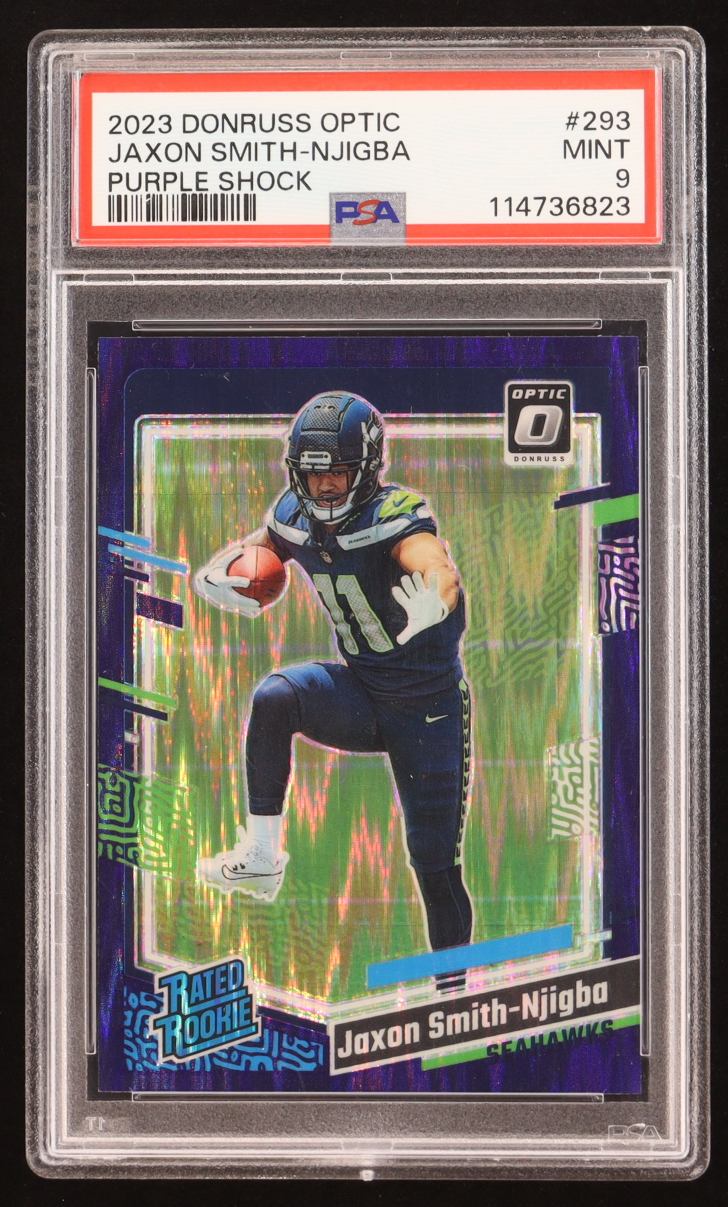 Jaxon Smith-Njigba 2023 Panini Donruss Optic Purple Shock RR #293 RC (PSA 9) at PristineAuction.com Jaxon Smith-Njigba 2023 Panini Donruss Optic Purple Shock RR #293 RC (PSA 9) at PristineAuction.com