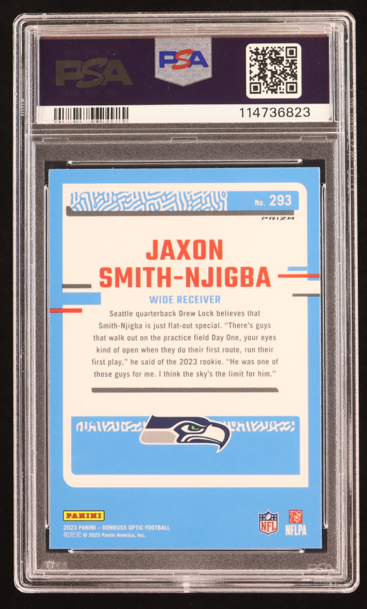 Jaxon Smith-Njigba 2023 Panini Donruss Optic Purple Shock RR #293 RC (PSA 9) at PristineAuction.com Jaxon Smith-Njigba 2023 Panini Donruss Optic Purple Shock RR #293 RC (PSA 9) at PristineAuction.com