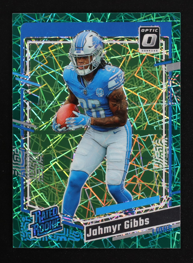 Jahmyr Gibbs 2023 Donruss Optic Green Velocity #236 RR RC at PristineAuction.com Jahmyr Gibbs 2023 Donruss Optic Green Velocity #236 RR RC at PristineAuction.com