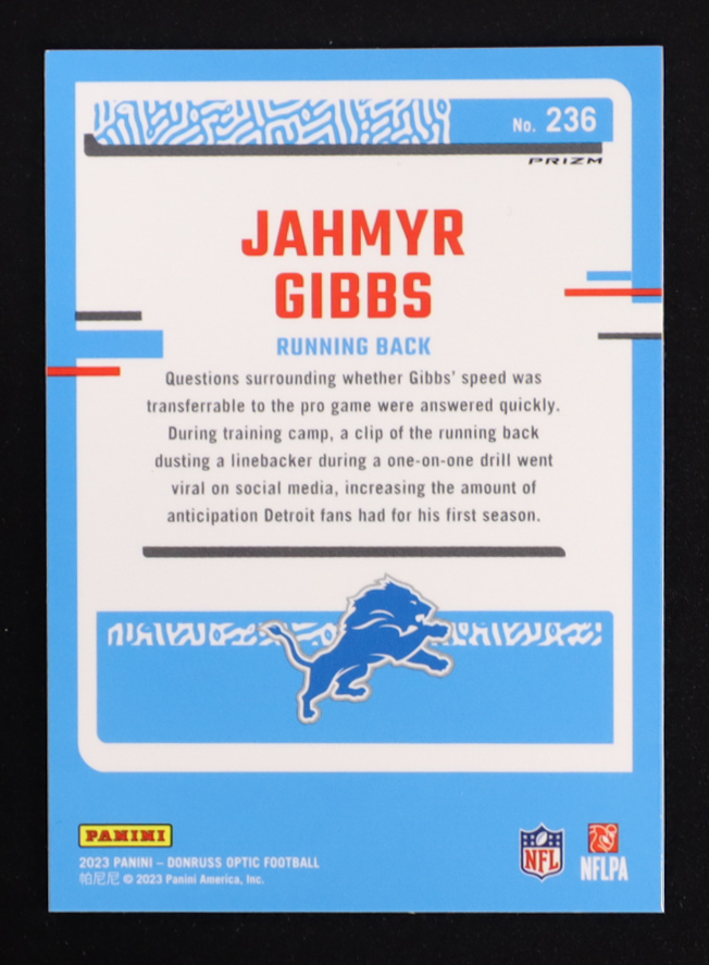 Jahmyr Gibbs 2023 Donruss Optic Green Velocity #236 RR RC at PristineAuction.com Jahmyr Gibbs 2023 Donruss Optic Green Velocity #236 RR RC at PristineAuction.com