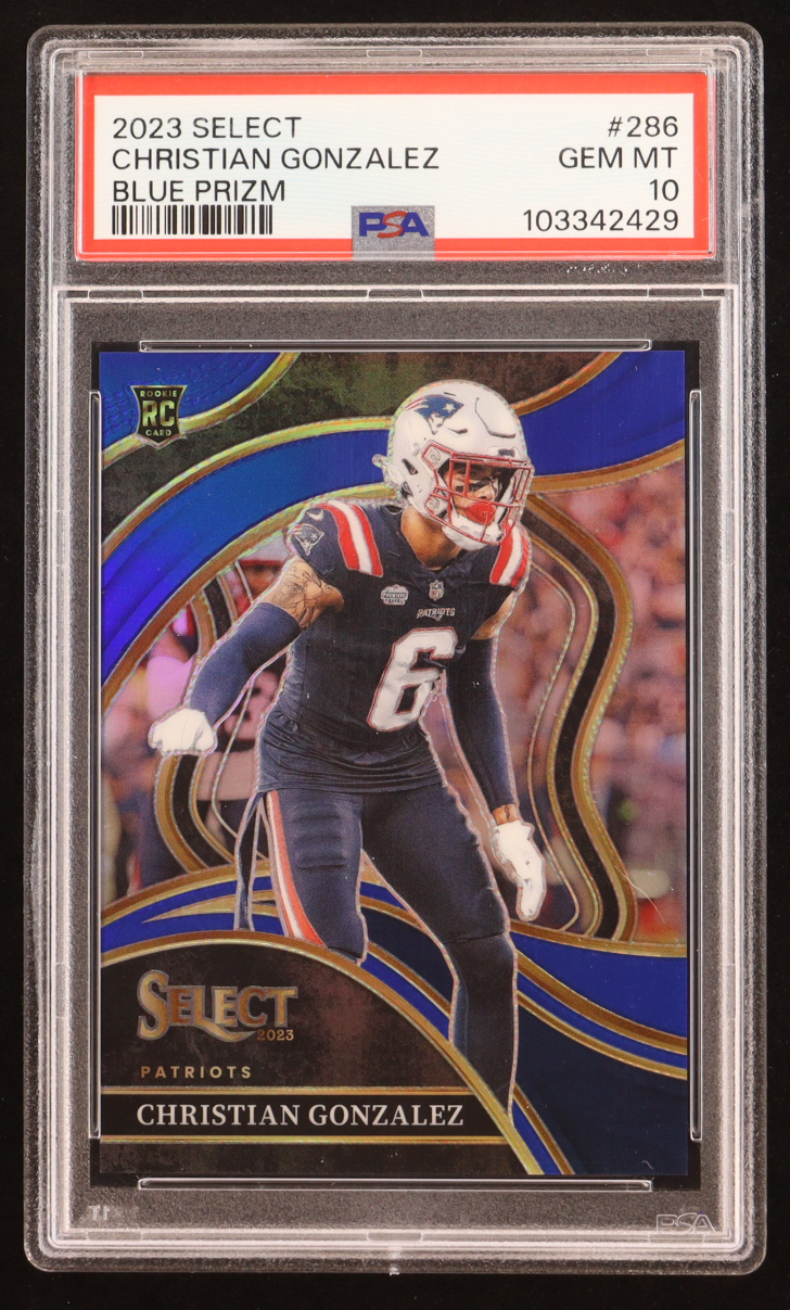 Christian Gonzalez 2023 Panini Select Blue Prizm #286 RC #59/99 (PSA 10) at PristineAuction.com Christian Gonzalez 2023 Panini Select Blue Prizm #286 RC #59/99 (PSA 10) at PristineAuction.com