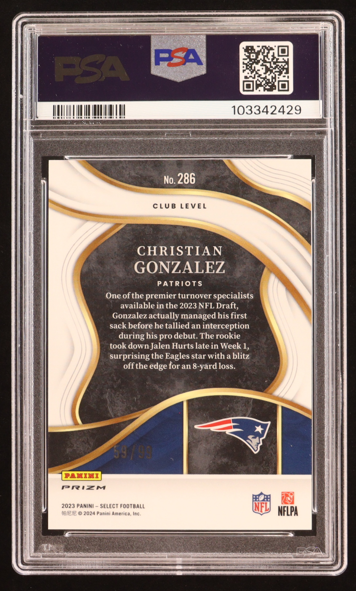 Christian Gonzalez 2023 Panini Select Blue Prizm #286 RC #59/99 (PSA 10) at PristineAuction.com Christian Gonzalez 2023 Panini Select Blue Prizm #286 RC #59/99 (PSA 10) at PristineAuction.com