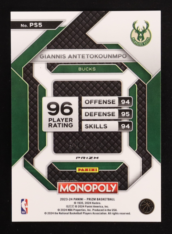 Giannis Antetokounmpo 2023-24 Panini Prizm Monopoly All-Star Gold Millionaire Shimmer #PS5 #393/500 at PristineAuction.com Giannis Antetokounmpo 2023-24 Panini Prizm Monopoly All-Star Gold Millionaire Shimmer #PS5 #393/500 at PristineAuction.com