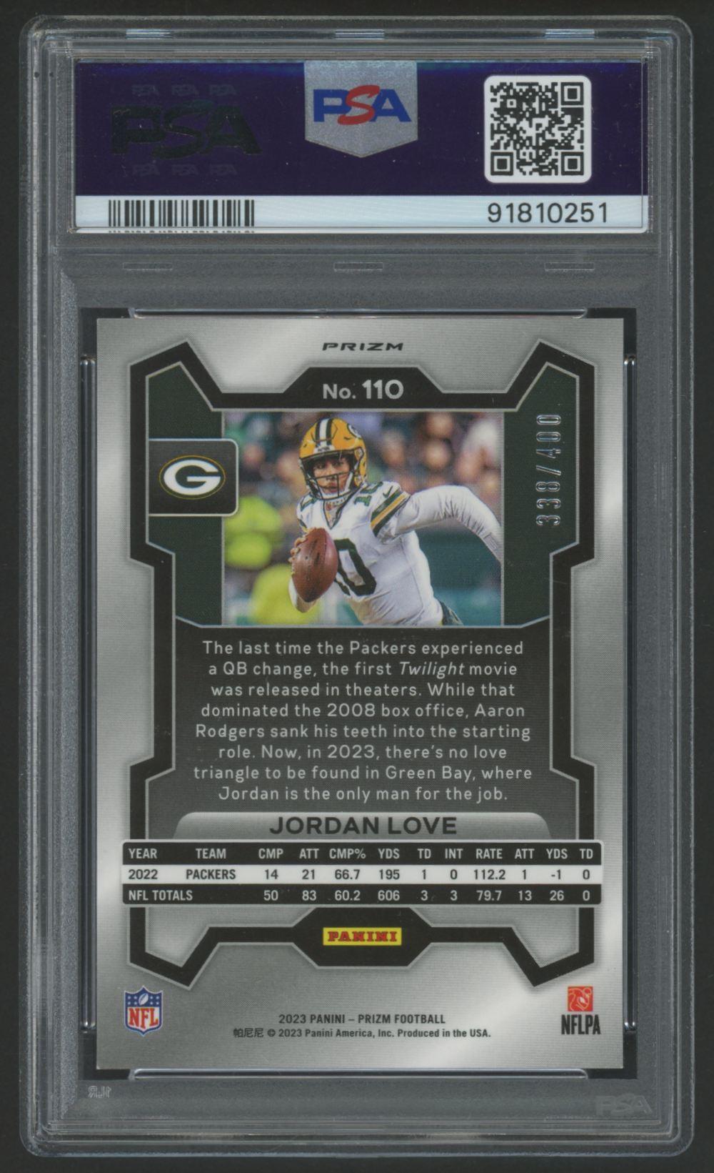 Jordan Love Signed 2023 Panini Prizm Pandora #110 #338/400 (PSA | Auto 9) at PristineAuction.com Jordan Love Signed 2023 Panini Prizm Pandora #110 #338/400 (PSA | Auto 9) at PristineAuction.com