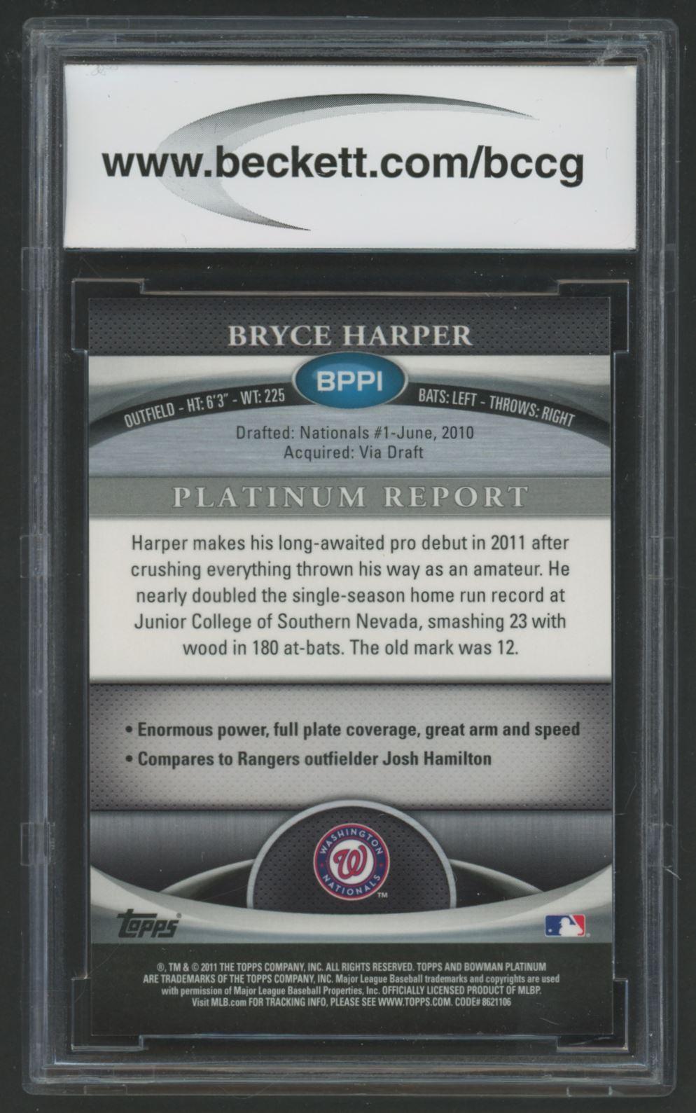 Bryce Harper 2011 Bowman Platinum Prospects Green Refractors #BPP1 #316/599 (BCCG 10) at PristineAuction.com Bryce Harper 2011 Bowman Platinum Prospects Green Refractors #BPP1 #316/599 (BCCG 10) at PristineAuction.com