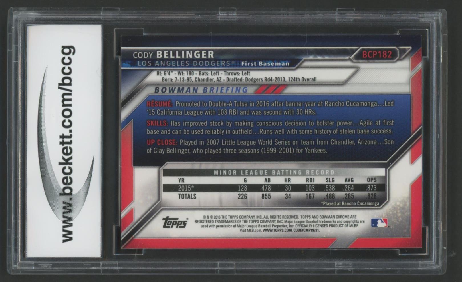 Cody Bellinger 2016 Bowman Chrome Prospects Blue Shimmer Refractors #BCP182 (BCCG 10) at PristineAuction.com Cody Bellinger 2016 Bowman Chrome Prospects Blue Shimmer Refractors #BCP182 (BCCG 10) at PristineAuction.com