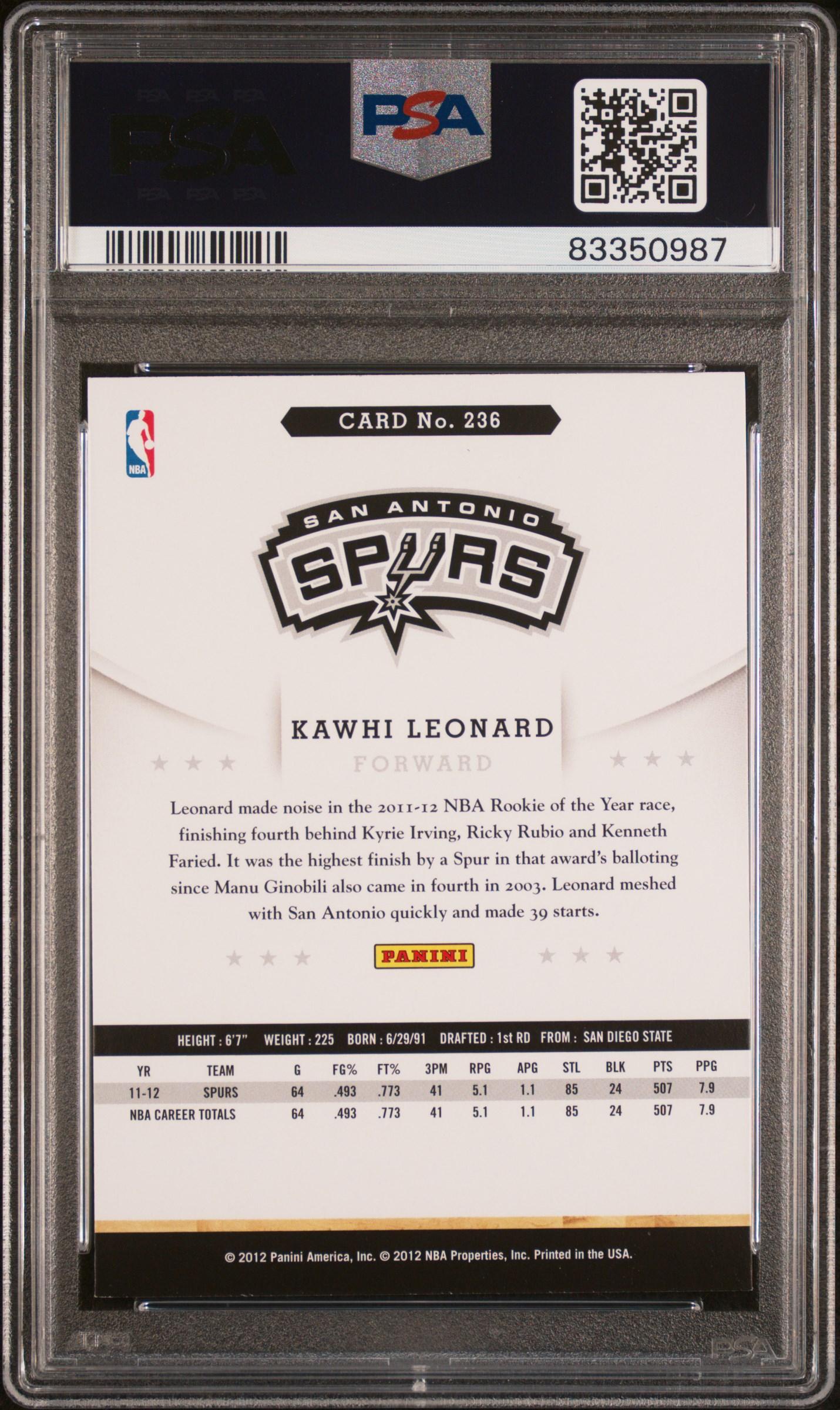 Kawhi Leonard 2012-13 Hoops #236 RC (PSA 9) at PristineAuction.com Kawhi Leonard 2012-13 Hoops #236 RC (PSA 9) at PristineAuction.com