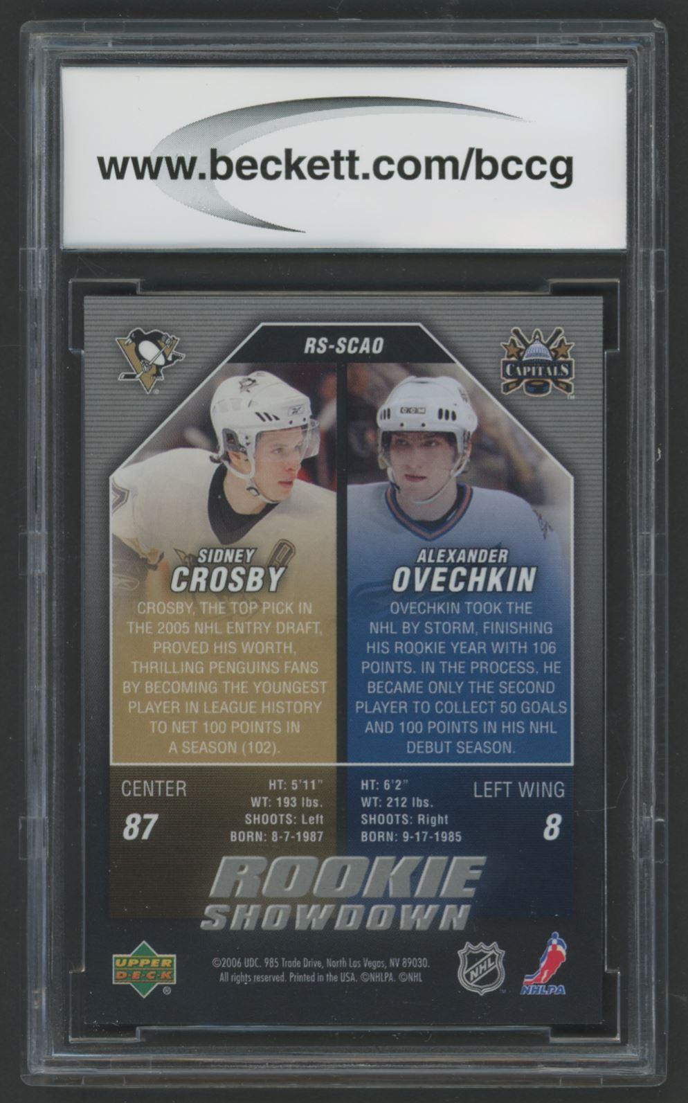 Sidney Crosby / Alexander Ovechkin 2006 Upper Deck Rookie Showdown #RSSCAO RC (BCCG 9) at PristineAuction.com Sidney Crosby / Alexander Ovechkin 2006 Upper Deck Rookie Showdown #RSSCAO RC (BCCG 9) at PristineAuction.com