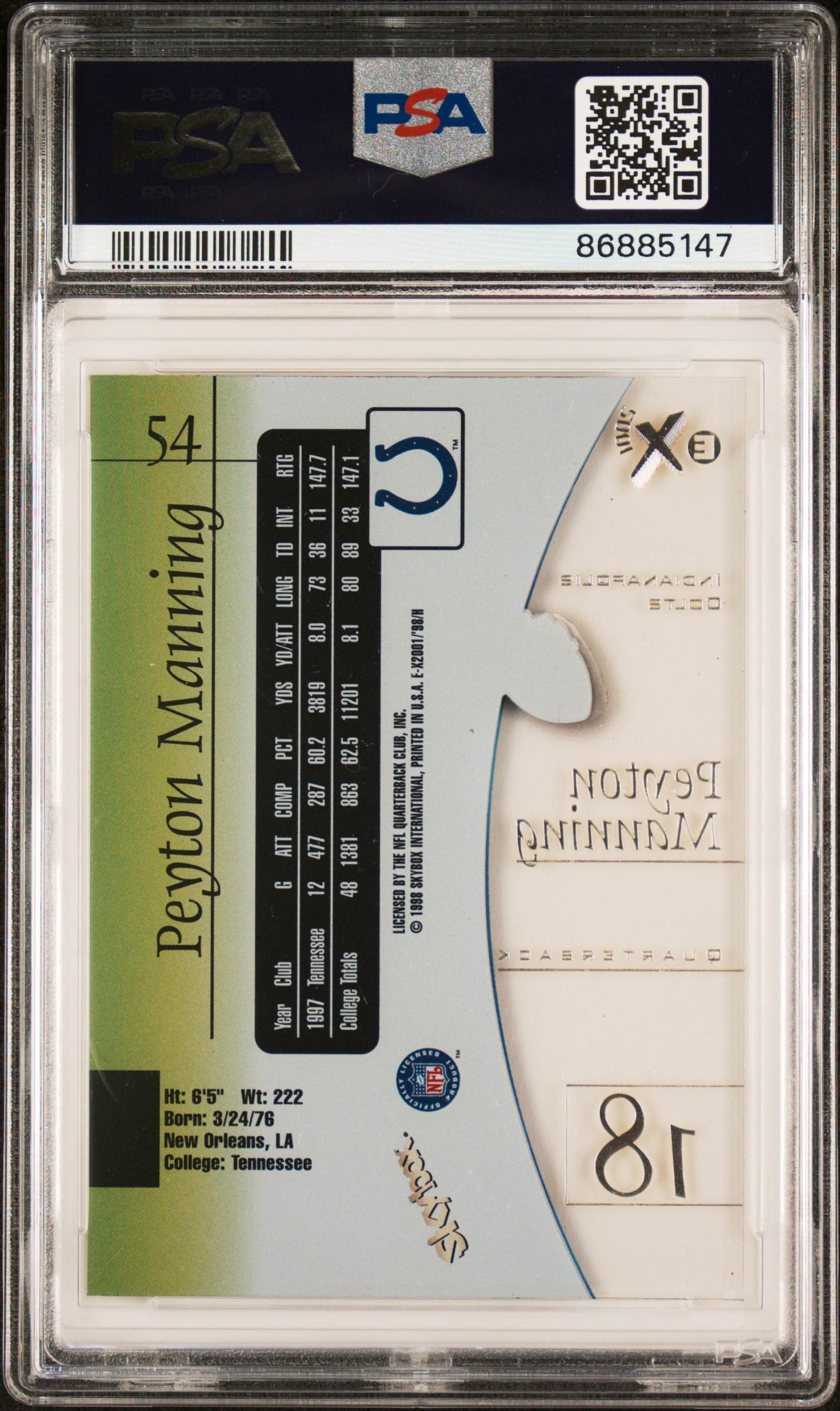 Peyton Manning 1998 Skybox E-X2001 #54 RC (PSA 6) at PristineAuction.com Peyton Manning 1998 Skybox E-X2001 #54 RC (PSA 6) at PristineAuction.com