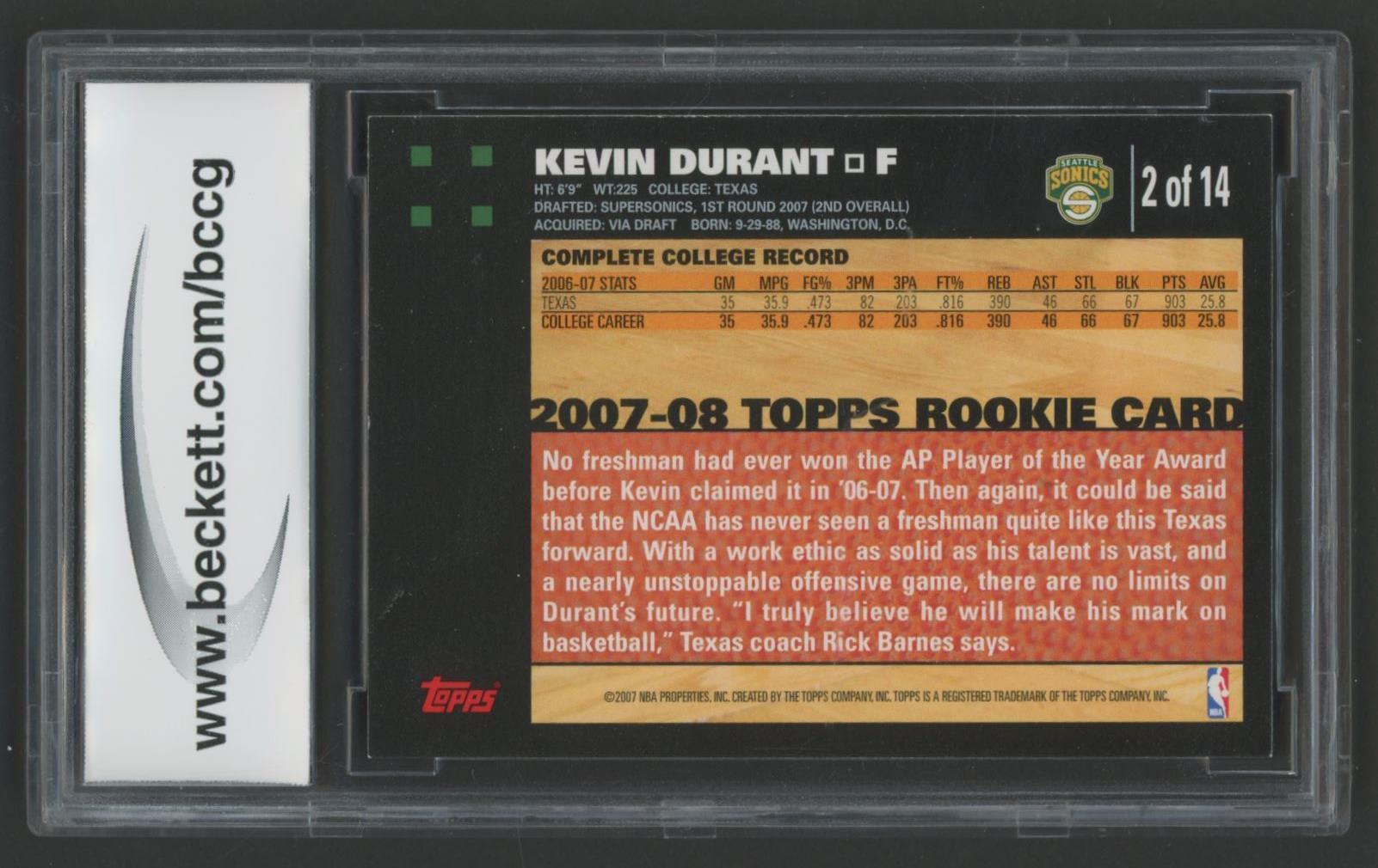 Kevin Durant 2007-08 Topps Rookie Set #2 (BCCG 9) at PristineAuction.com Kevin Durant 2007-08 Topps Rookie Set #2 (BCCG 9) at PristineAuction.com