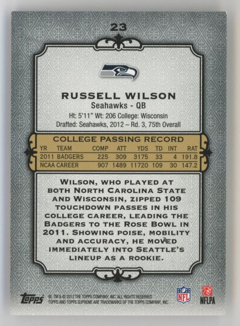 Russell Wilson 2012 Topps Supreme #23 #290/462 RC at PristineAuction.com Russell Wilson 2012 Topps Supreme #23 #290/462 RC at PristineAuction.com