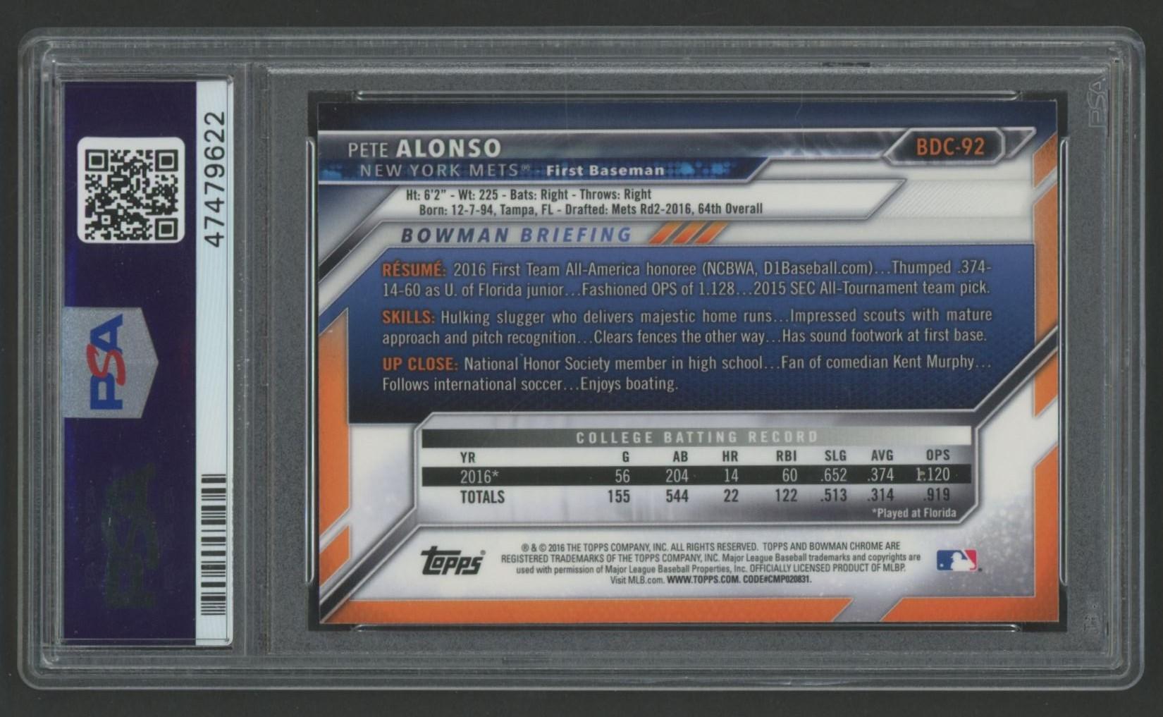 Pete Alonso 2016 Bowman Draft Chrome #BDC92 (PSA 10) at PristineAuction.com Pete Alonso 2016 Bowman Draft Chrome #BDC92 (PSA 10) at PristineAuction.com