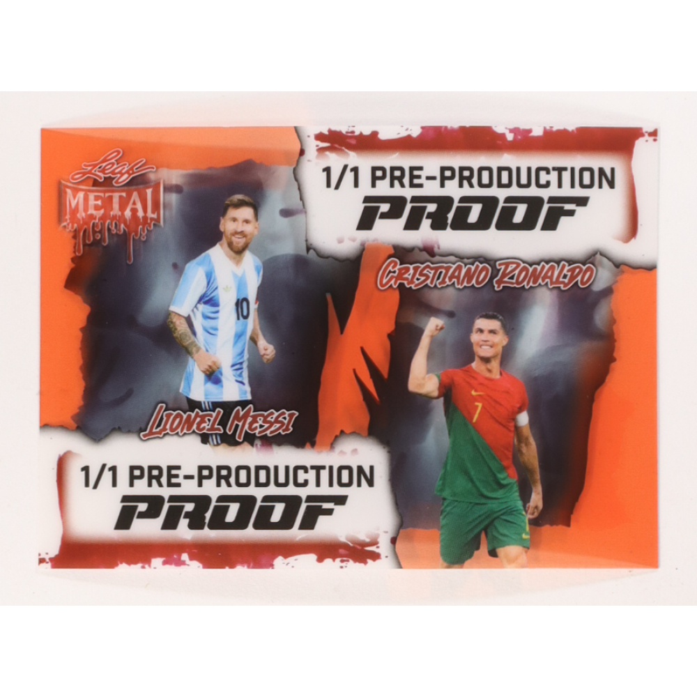 Lionel Messi / Cristiano Ronaldo 2025 Leaf Metal Halloween Super Prismatic Pre-Production Proof #1/1 at PristineAuction.com