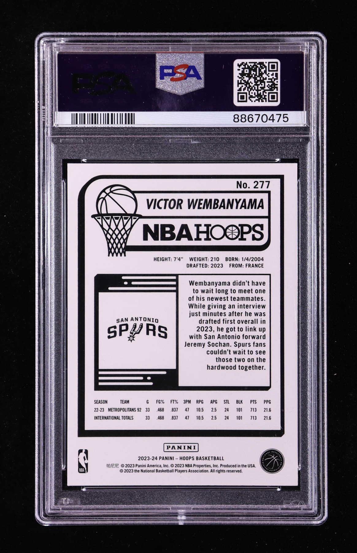 Victor Wembanyama 2023-24 Hoops #277 RC (PSA 9) at PristineAuction.com Victor Wembanyama 2023-24 Hoops #277 RC (PSA 9) at PristineAuction.com