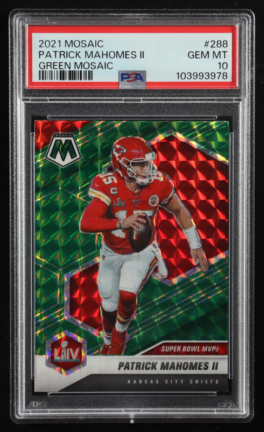 Patrick Mahomes II 2021 Panini Mosaic Mosaic Green #288 MVP (PSA 10) at PristineAuction.com Patrick Mahomes II 2021 Panini Mosaic Mosaic Green #288 MVP (PSA 10) at PristineAuction.com