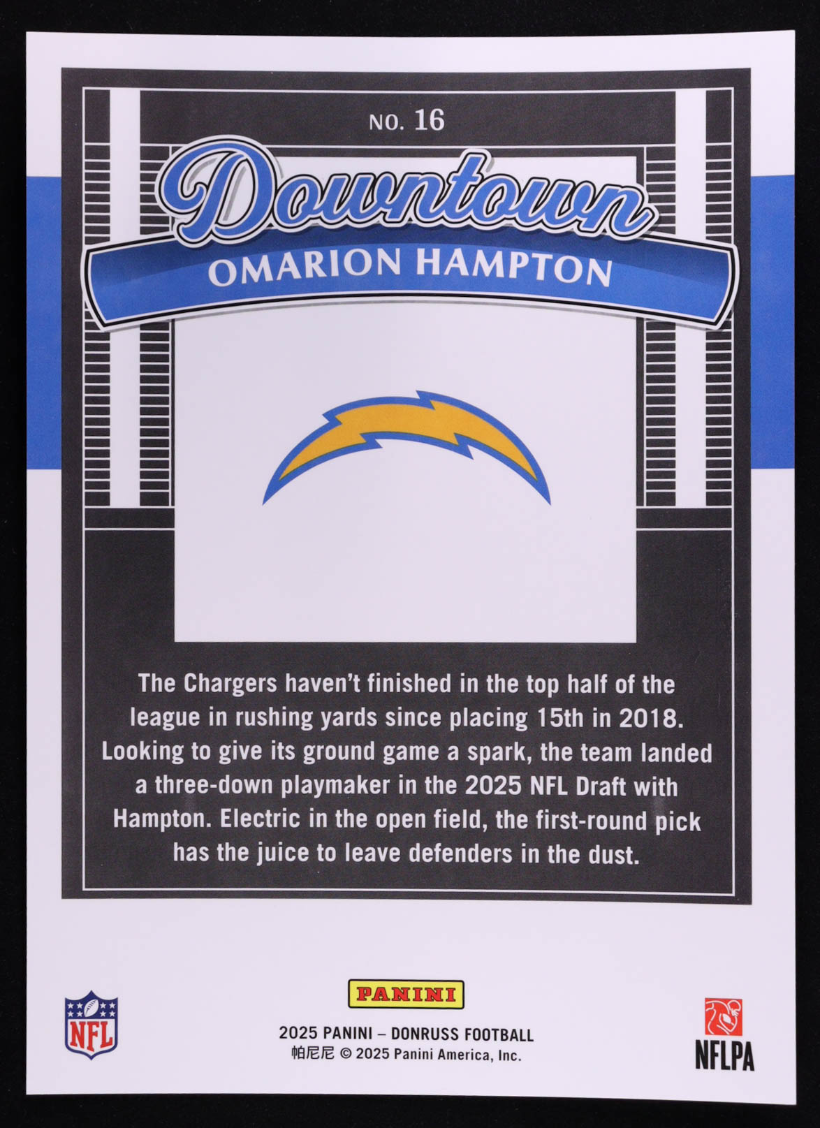 Omarion Hampton 2025 Donruss Downtown! Oversize #16 RC at PristineAuction.com Omarion Hampton 2025 Donruss Downtown! Oversize #16 RC at PristineAuction.com