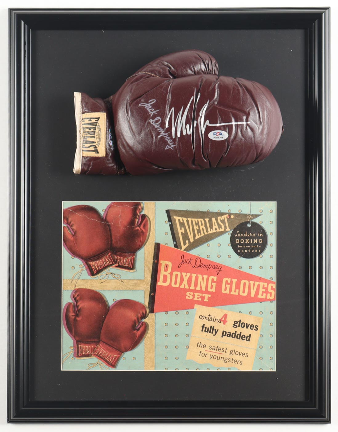 Mike Tyson Signed Custom Framed Vintage Jack Dempsey Model Boxing Glove Display with Original Box Cover (PSA & Tyson) at PristineAuction.com Mike Tyson Signed Custom Framed Vintage Jack Dempsey Model Boxing Glove Display with Original Box Cover (PSA & Tyson) at PristineAuction.com