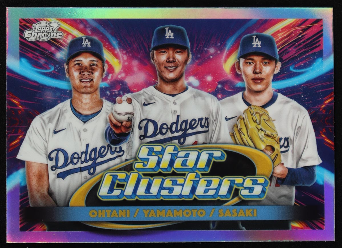 Shohei Ohtani / Roki Sasaki RC / Yoshinobu Yamamoto 2025 Topps Cosmic Chrome Triple Star Clusters #TSC1 at PristineAuction.com Shohei Ohtani / Roki Sasaki RC / Yoshinobu Yamamoto 2025 Topps Cosmic Chrome Triple Star Clusters #TSC1 at PristineAuction.com