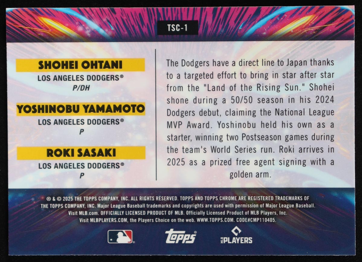 Shohei Ohtani / Roki Sasaki RC / Yoshinobu Yamamoto 2025 Topps Cosmic Chrome Triple Star Clusters #TSC1 at PristineAuction.com Shohei Ohtani / Roki Sasaki RC / Yoshinobu Yamamoto 2025 Topps Cosmic Chrome Triple Star Clusters #TSC1 at PristineAuction.com