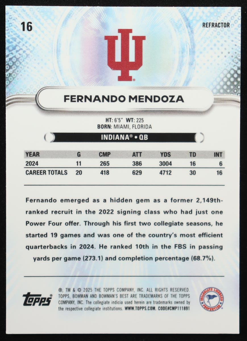 Fernando Mendoza 2025 Bowman's Best University Refractors #16 RC at PristineAuction.com Fernando Mendoza 2025 Bowman's Best University Refractors #16 RC at PristineAuction.com