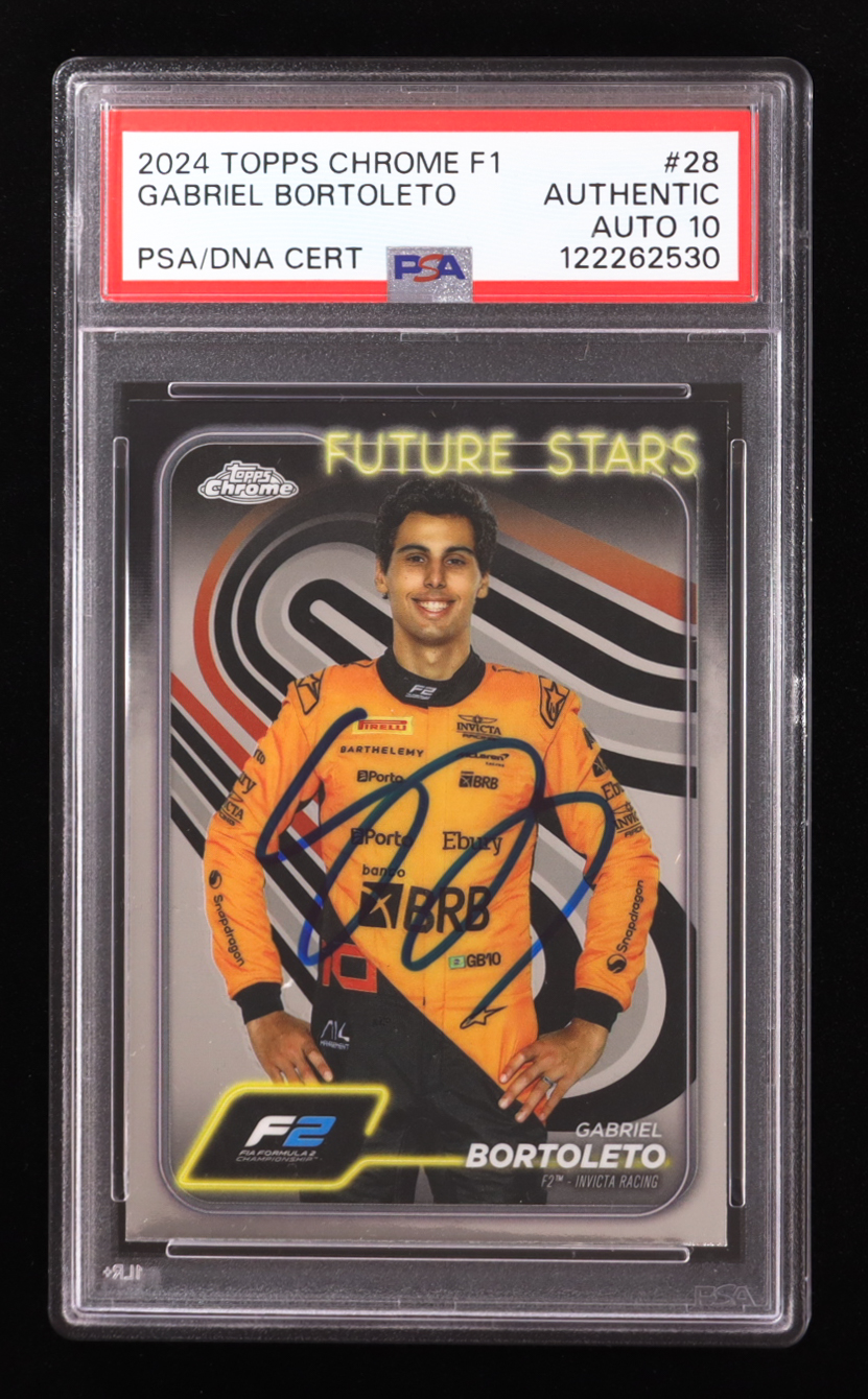 Gabriel Bortoleto Signed 2024 Topps Chrome F1 Future Stars #28 RC (PSA | Autograph Graded PSA 10) at PristineAuction.com Gabriel Bortoleto Signed 2024 Topps Chrome F1 Future Stars #28 RC (PSA | Autograph Graded PSA 10) at PristineAuction.com
