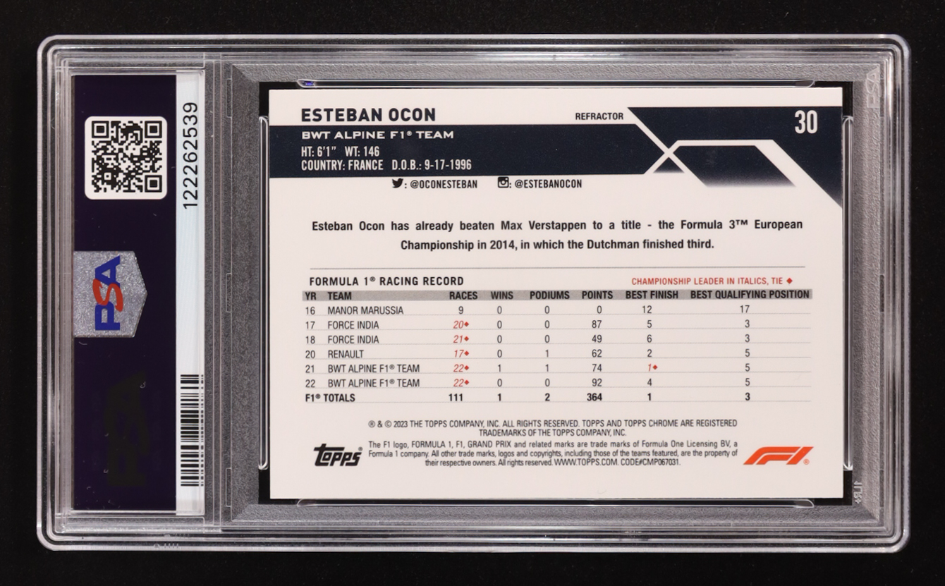 Esteban Ocon Signed 2023 Topps Chrome F1 Refractor #30 (PSA | Autograph Graded PSA 10) at PristineAuction.com Esteban Ocon Signed 2023 Topps Chrome F1 Refractor #30 (PSA | Autograph Graded PSA 10) at PristineAuction.com