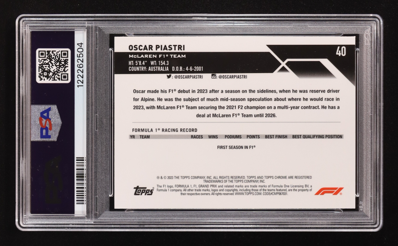 Oscar Piastri Signed 2023 Topps Chrome Sapphire Edition F1 #40 RC (PSA | Autograph Graded PSA 9) at PristineAuction.com Oscar Piastri Signed 2023 Topps Chrome Sapphire Edition F1 #40 RC (PSA | Autograph Graded PSA 9) at PristineAuction.com