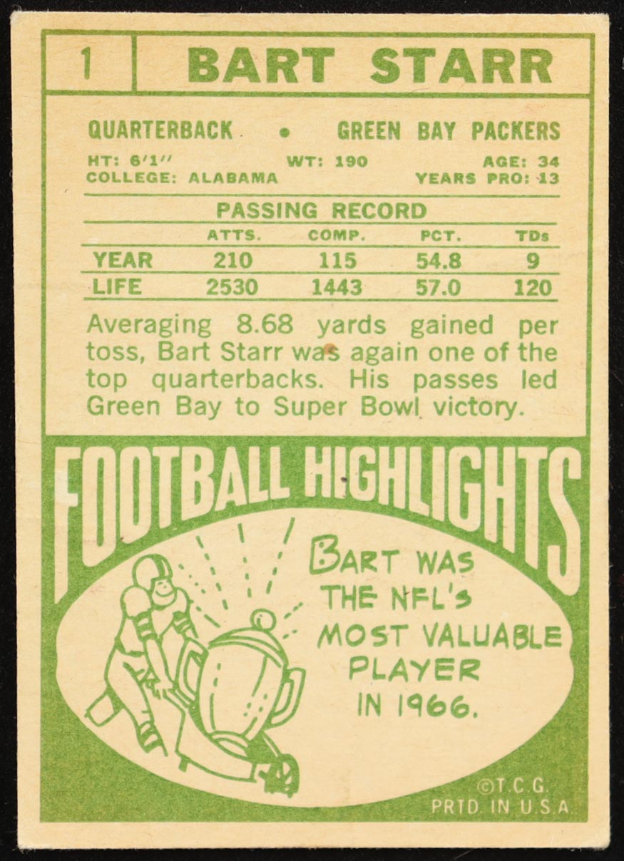 Bart Starr 1968 Topps #1 at PristineAuction.com Bart Starr 1968 Topps #1 at PristineAuction.com