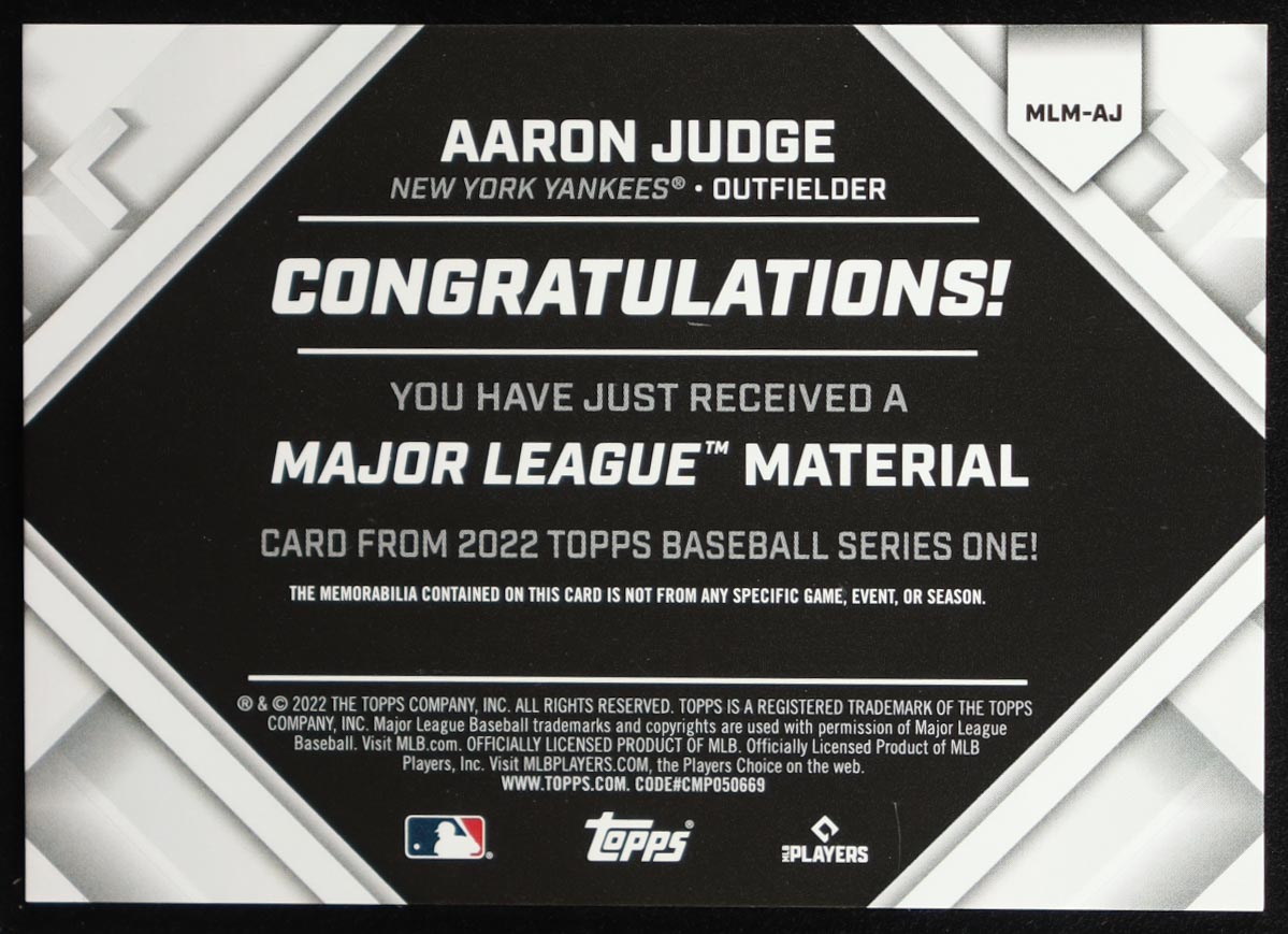 Aaron Judge 2022 Topps Major League Materials #MLMAJ at PristineAuction.com Aaron Judge 2022 Topps Major League Materials #MLMAJ at PristineAuction.com